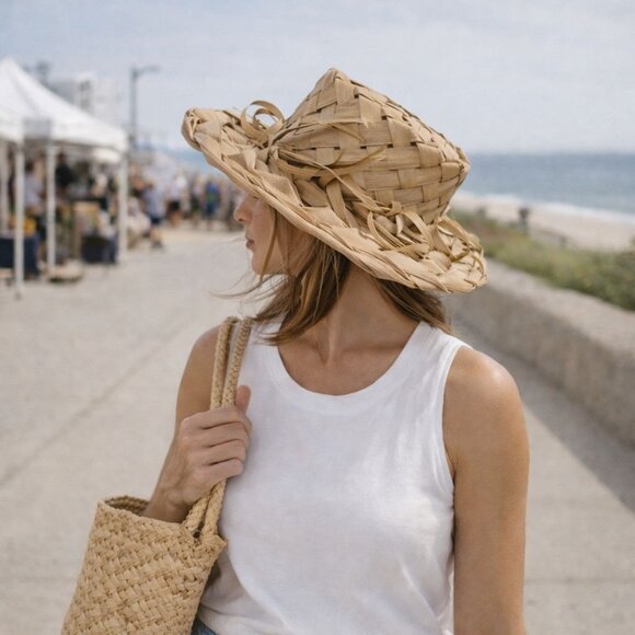 Handwoven Straw Sun Hat Palm Leaf Beach Coastal Market Wide Brim Natural Summer main image 7